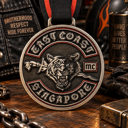 Metal-only antique silver relief with no enamel, bold vintage motorcycle-club character. Custom motorcycle club medal.