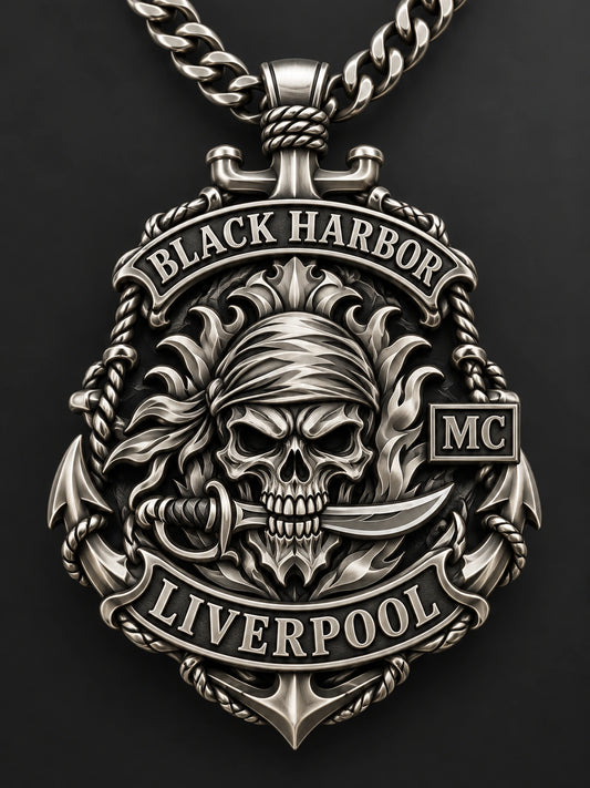 Nickel Silver represented by a unique custom motorcycle-club pendant with complete chain and sculptural mixed-metal architecture.