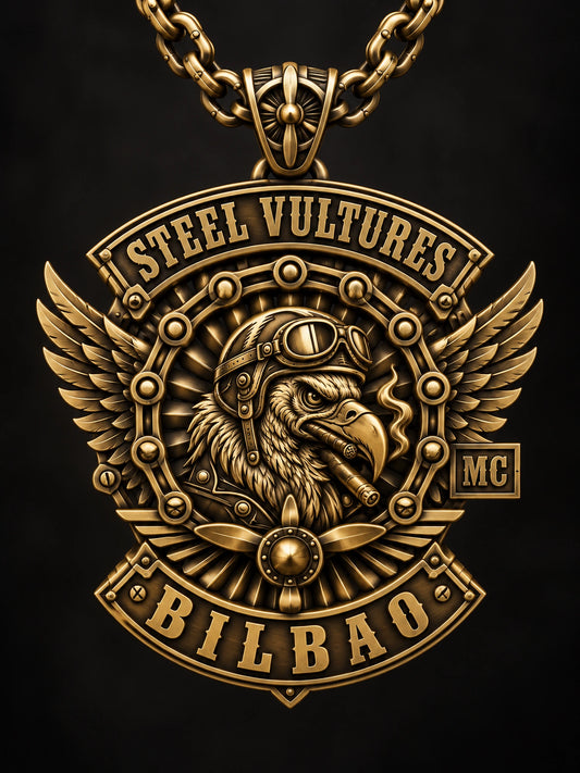Brass represented by a unique custom motorcycle-club pendant with complete chain and sculptural mixed-metal architecture.