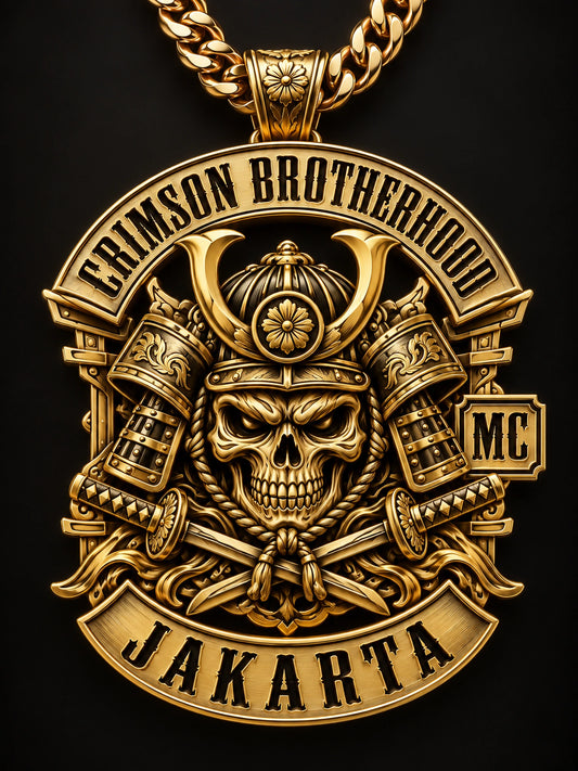 Solid 18K Gold represented by a unique custom motorcycle-club pendant with complete chain and sculptural mixed-metal architecture.