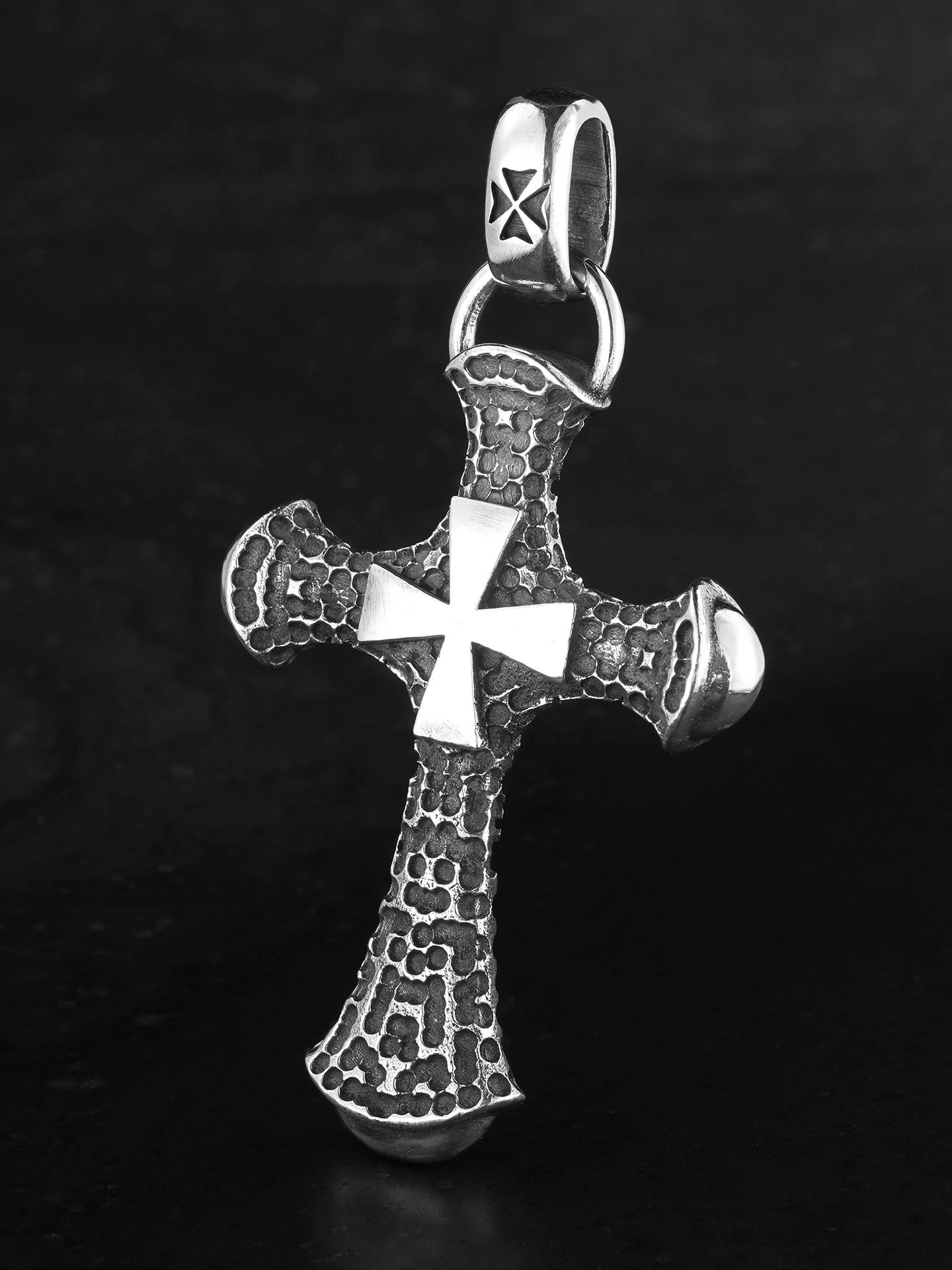 meteorite-texture double cross sterling silver biker pendant product view 1