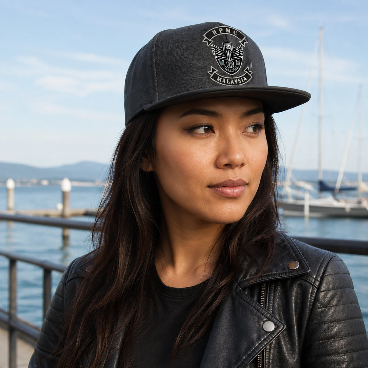 A motorcycle club rider wears a balanced charcoal mid-profile cap with a level flat visor.