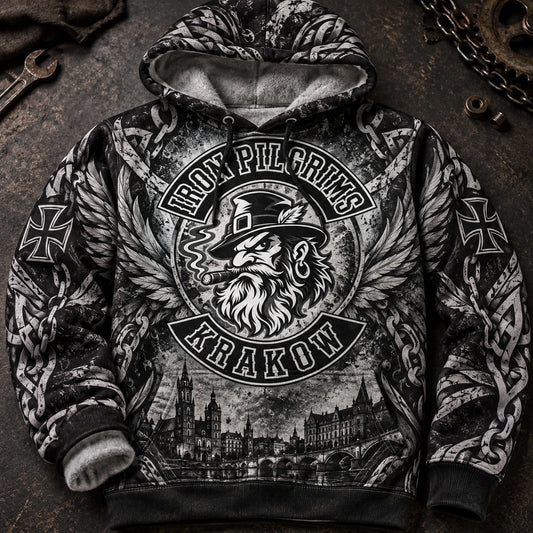 Midweight Iron Pilgrims Krakow motorcycle club fleece hoodie with full-coverage artwork and a brushed inner surface.