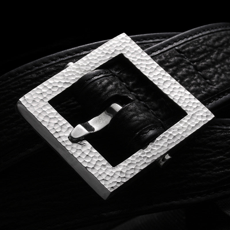 Minimal Hammered Silver Ostrich Leather Biker Belt — detail view 1