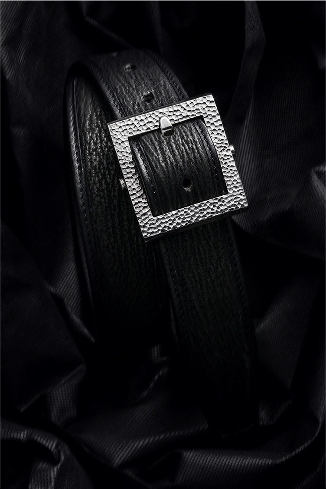 Minimal Hammered Silver Ostrich Leather Biker Belt — detail view 6