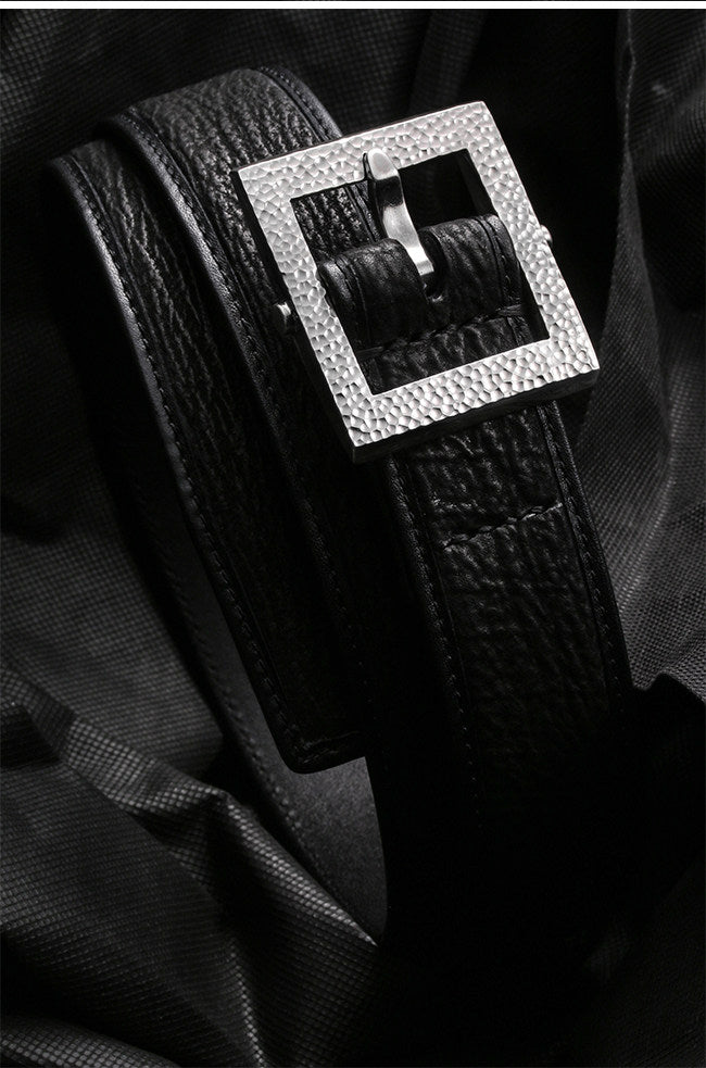 Minimal Hammered Silver Ostrich Leather Biker Belt — detail view 10