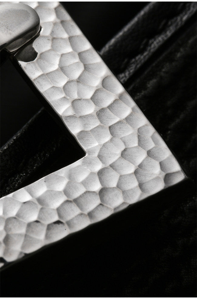 Minimal Hammered Silver Ostrich Leather Biker Belt — detail view 11