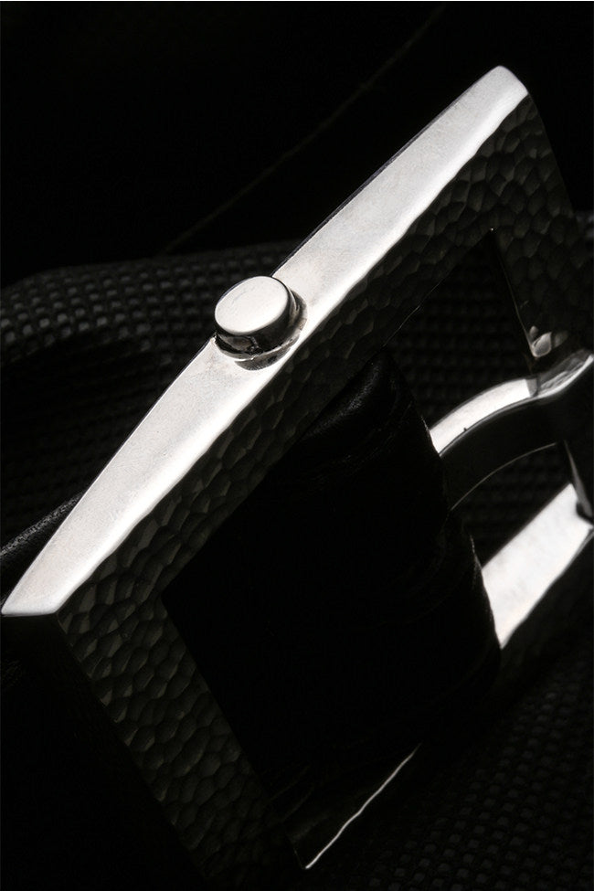Minimal Hammered Silver Ostrich Leather Biker Belt — detail view 12