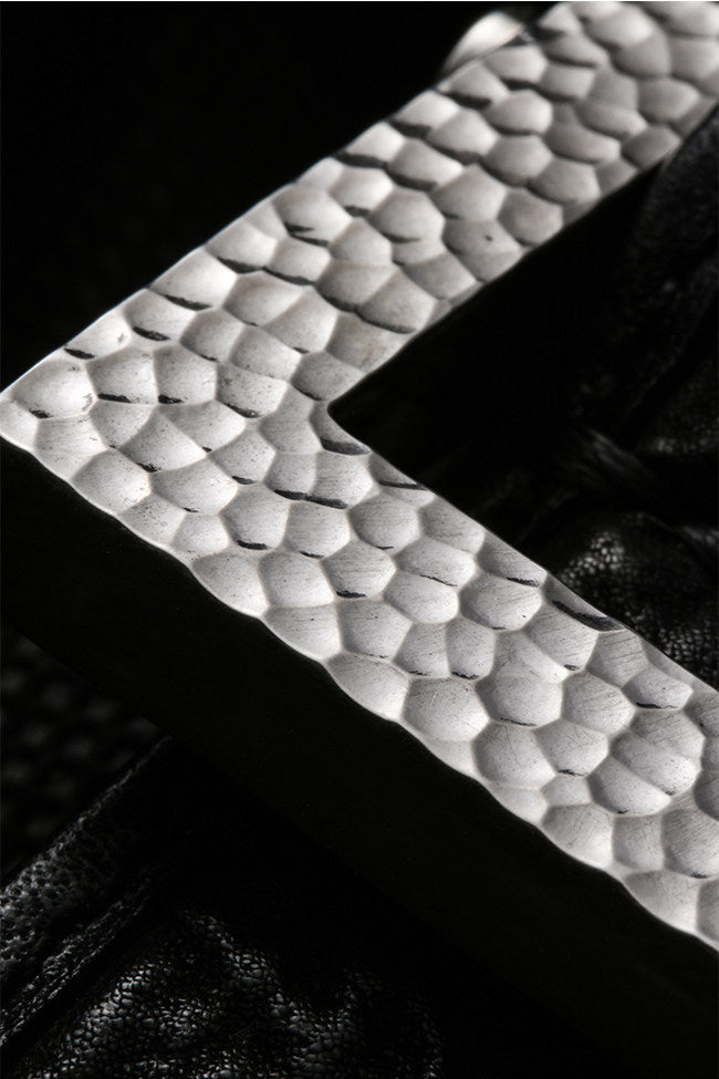 Minimal Hammered Silver Ostrich Leather Biker Belt — detail view 14