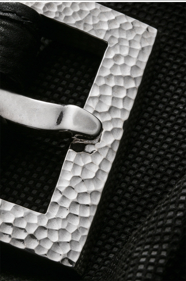 Minimal Hammered Silver Ostrich Leather Biker Belt — detail view 15