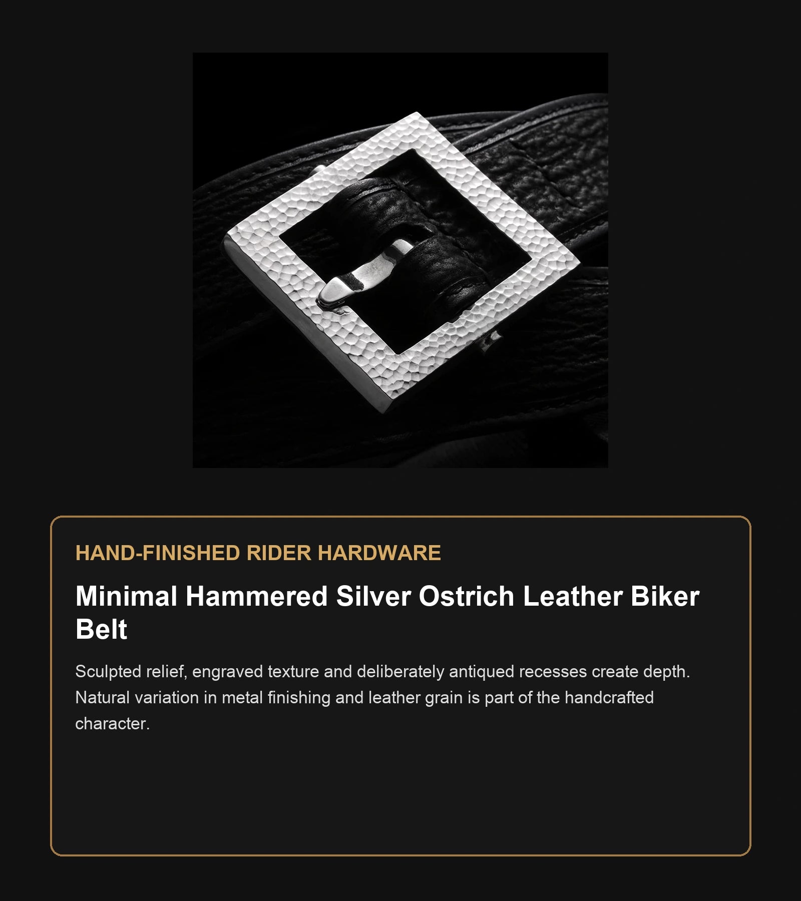 Minimal Hammered Silver Ostrich Leather Biker Belt craftsmanship guide in English