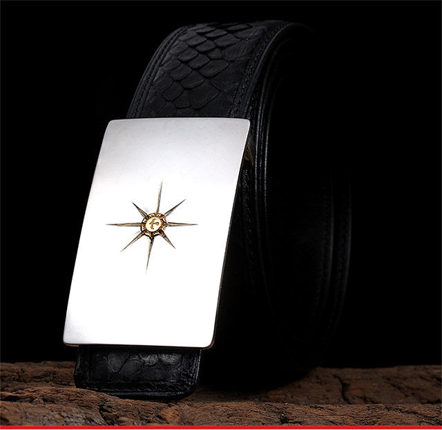 Minimal Silver Python Leather Biker Belt — detail view 1