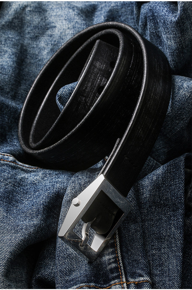 Minimal Square Silver Bridle Leather Biker Belt — detail view 1