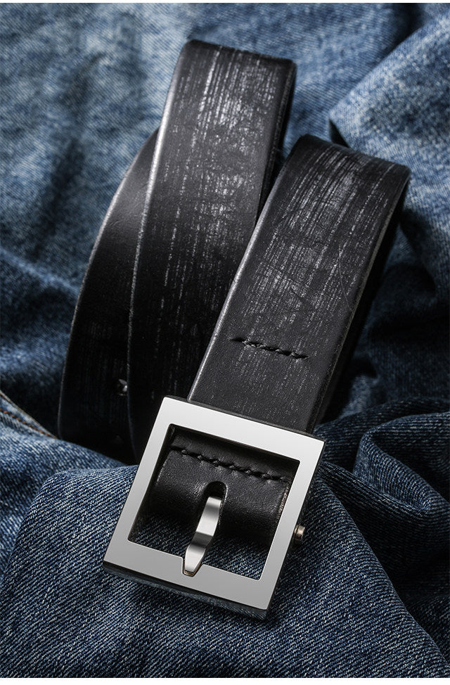 Minimal Square Silver Bridle Leather Biker Belt — detail view 3
