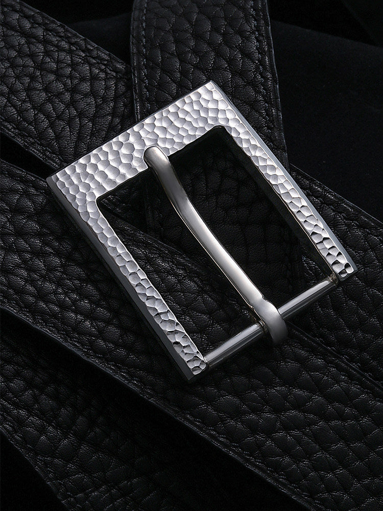 Minimal Wood-Grain Silver Leather Biker Belt — product view