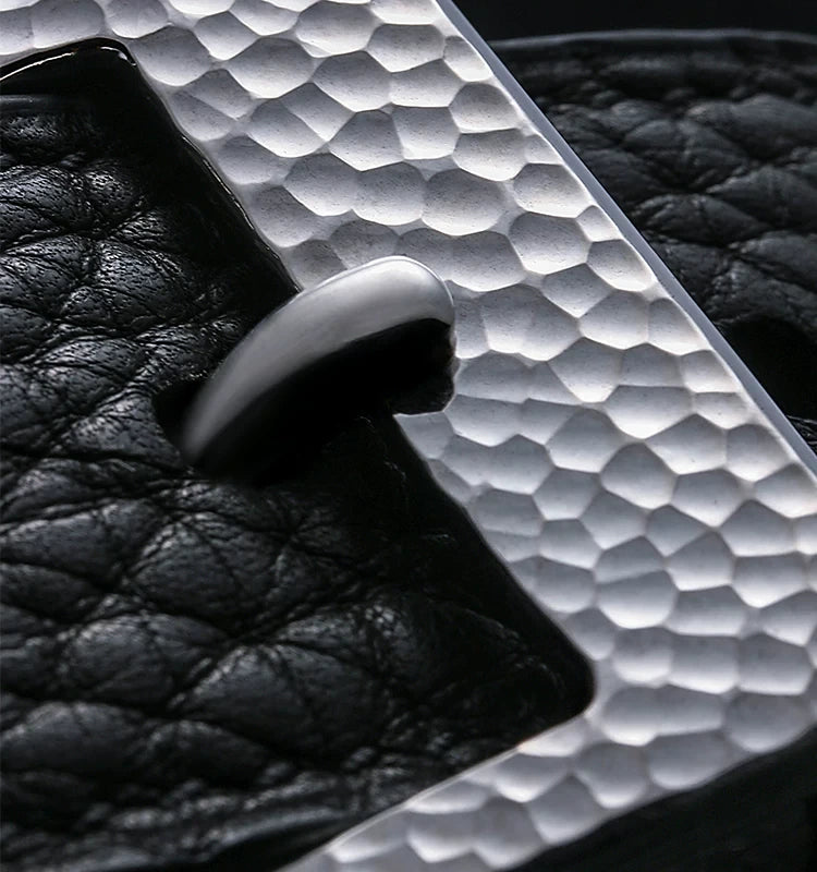Minimal Wood-Grain Silver Leather Biker Belt detail view 1