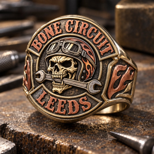 Mixed-Metal Details designed from an authorized motorcycle club emblem in White Copper + Brass + Red Copper natural metal tones.