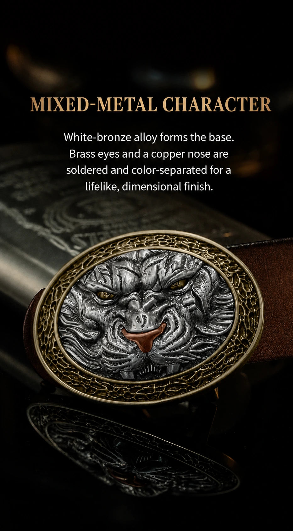 mixed-metal tiger biker belt buckle craftsmanship with brass eyes and copper nose