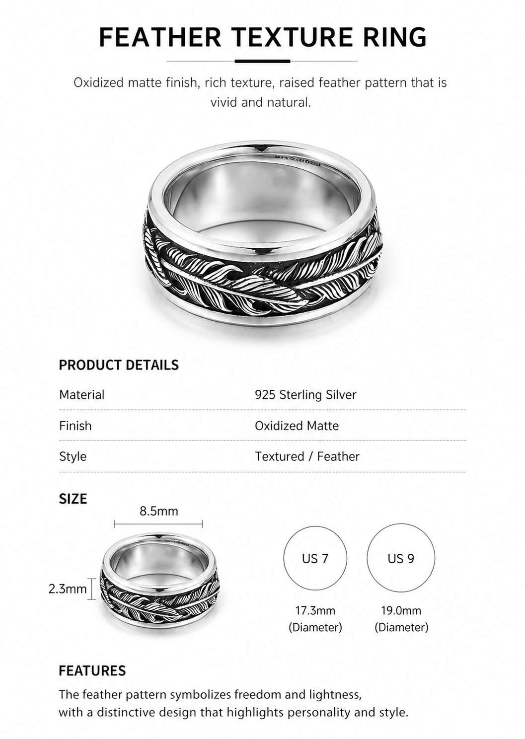 Mobius Feather Sterling Silver Ring - English product detail 10
