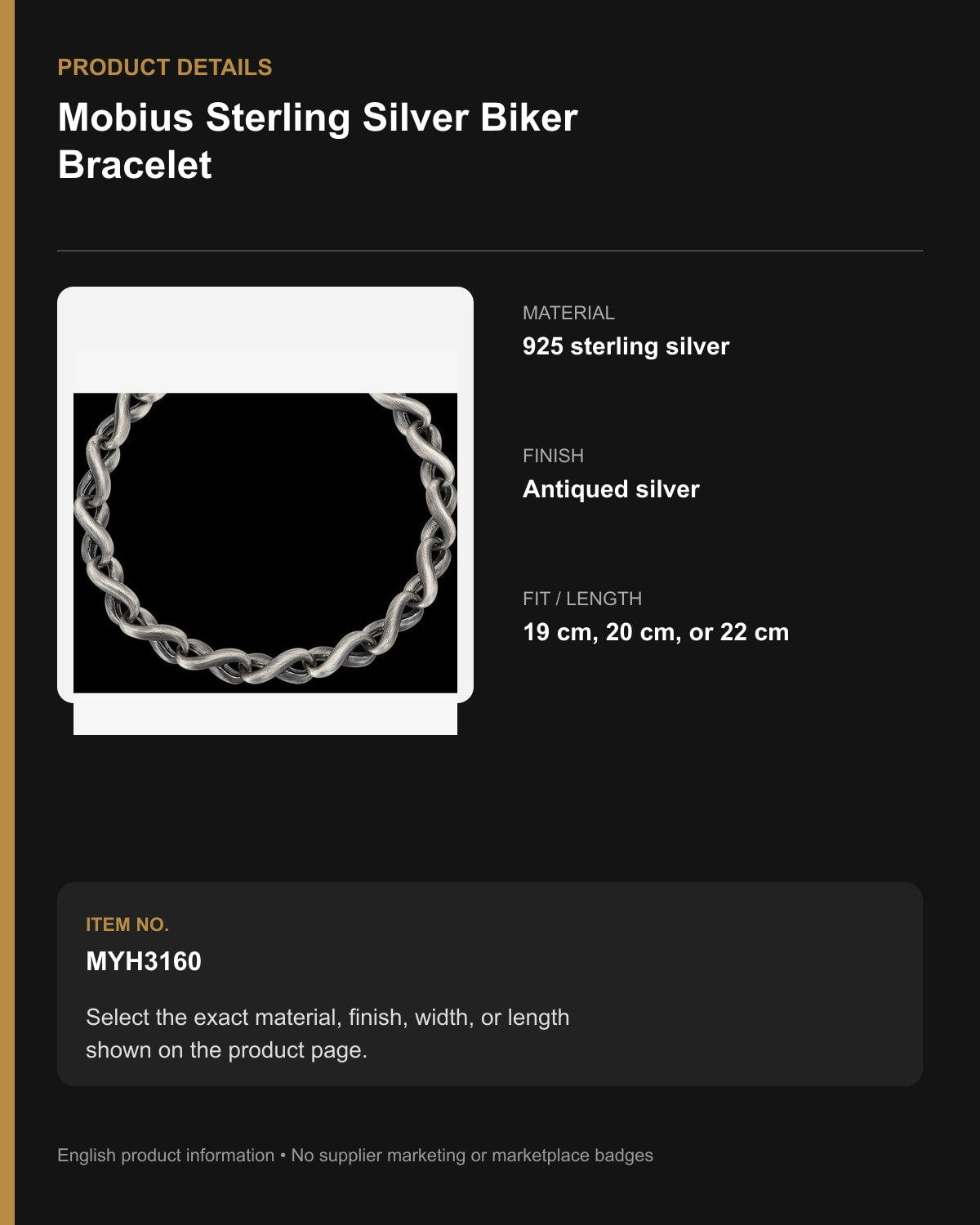 Mobius Sterling Silver Biker Bracelet – English product details