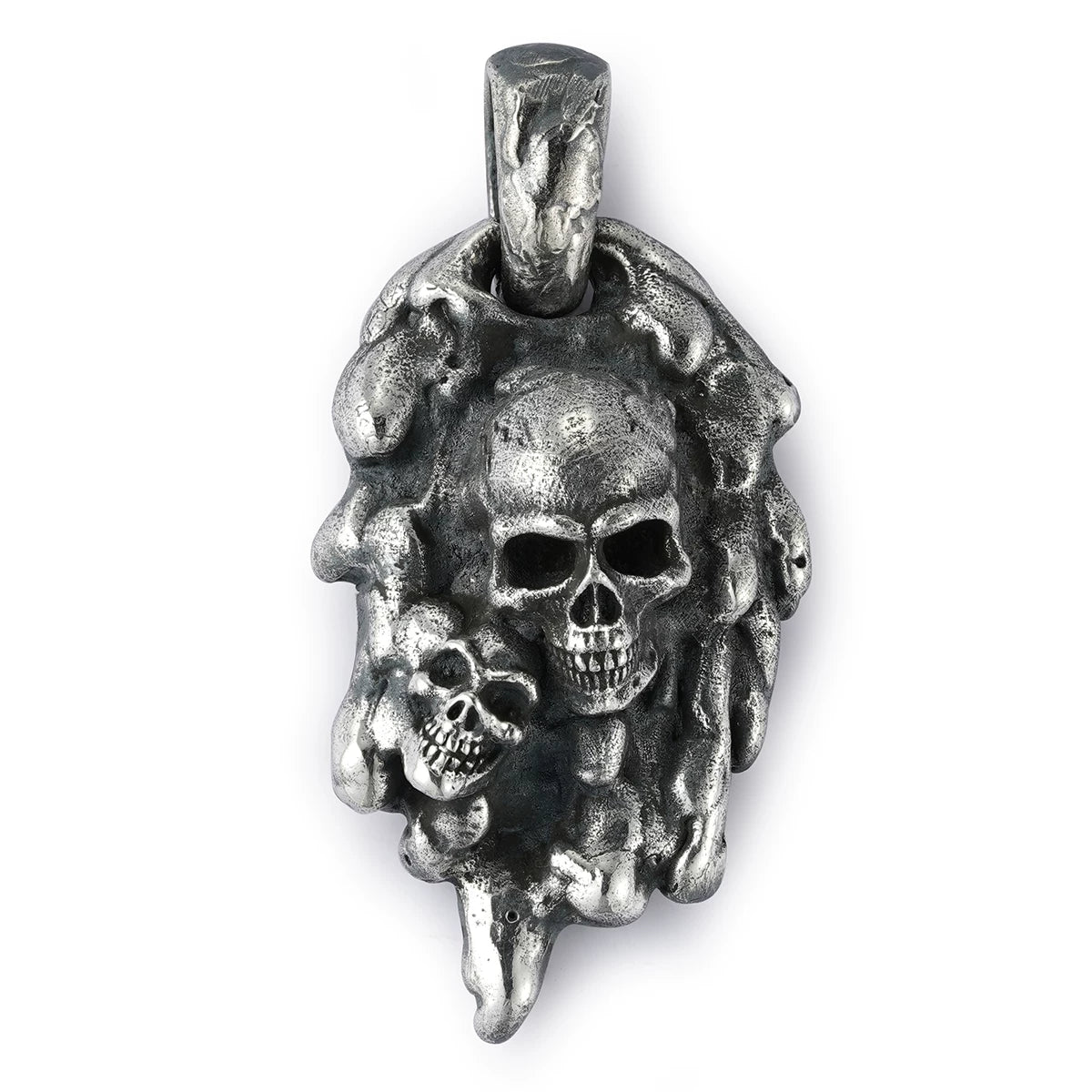 Molten double-skull sterling silver biker pendant on white background