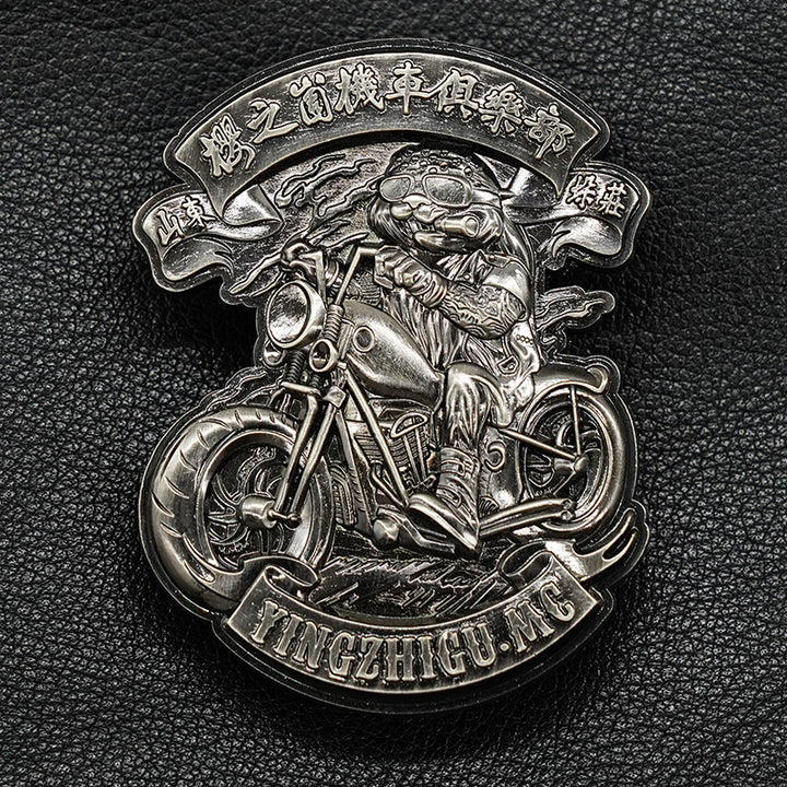 Matte silver custom motorcycle club pin example
