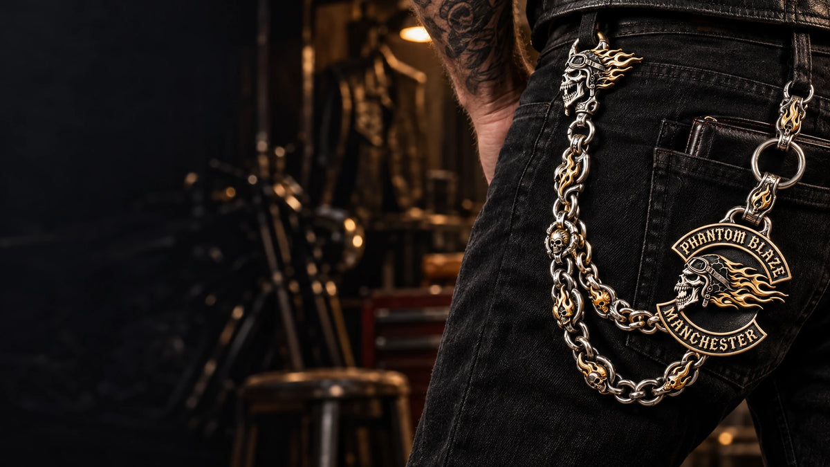 Custom motorcycle club custom biker pants chains hero shown as a physically plausible rider wearing an open double-drop pants chain.