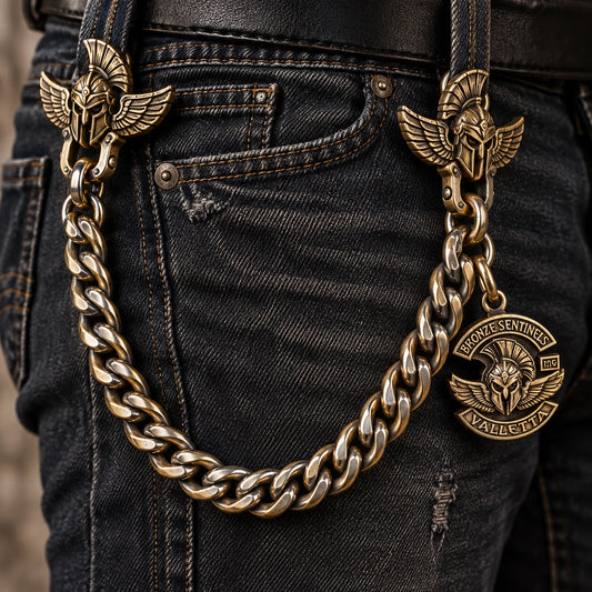 Custom motorcycle club pants chain between belt loops shown as a physically plausible two belt-loop clasps and open chain drop.