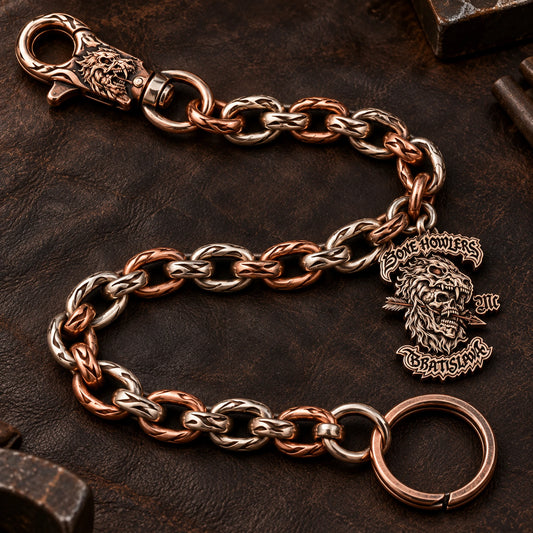 Custom motorcycle club classic oval link chain shown as a physically plausible open oval-link chain with bone-shaped collars.