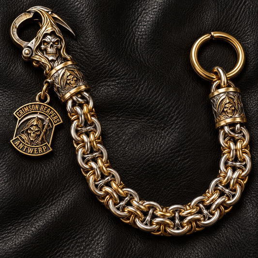 Custom motorcycle club rope chainmaille style shown as a physically plausible handwoven chainmaille with solid end caps.