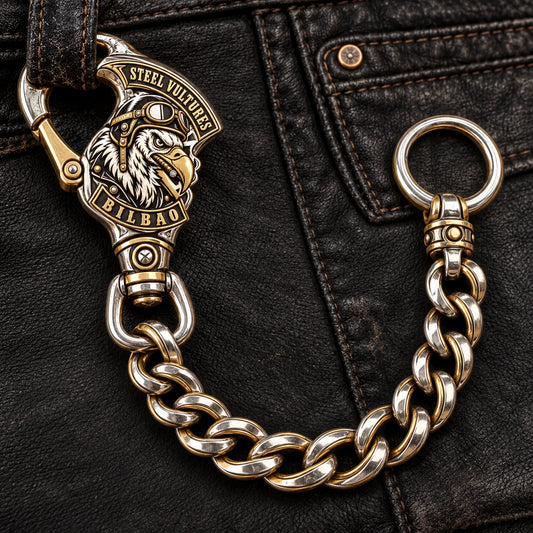 Custom motorcycle club branded belt clip or clasp shown as a physically plausible functional branded clasp and swivel family.