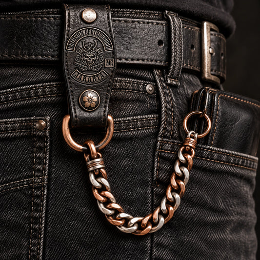 Custom motorcycle club custom leather loop shown as a physically plausible riveted leather belt loop with working D-ring.