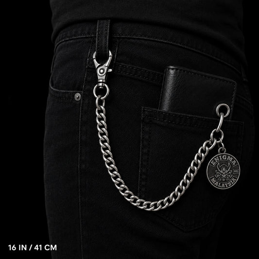 Sixteen-inch motorcycle club wallet chain connected from a denim belt loop to a wallet grommet with a short controlled drop.