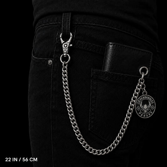 Twenty-two-inch motorcycle club wallet chain connected from a denim belt loop to a wallet grommet with a balanced deep drop.