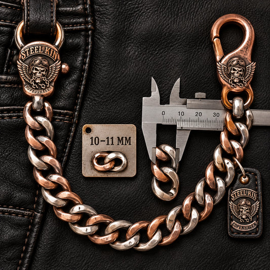 Custom motorcycle club 10–11 mm heavy width shown as a physically plausible measured heavy chain and enlarged hardware.