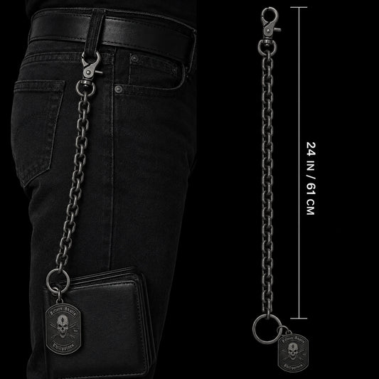 Twenty-four inch gunmetal biker wallet chain connected from a denim belt loop to a wallet ring with a side-hung club tag.