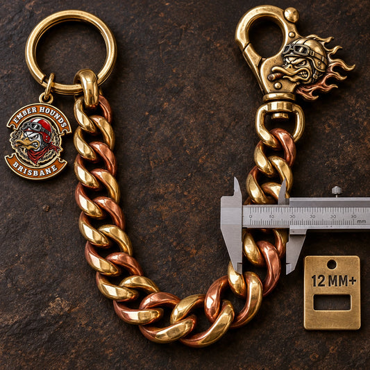 Custom motorcycle club 12 mm plus extra-heavy width shown as a physically plausible measured oversized chain and reinforced hardware.