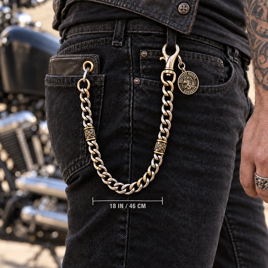 Custom motorcycle club 18 inch classic chain shown as a physically plausible same rider series with classic drop.