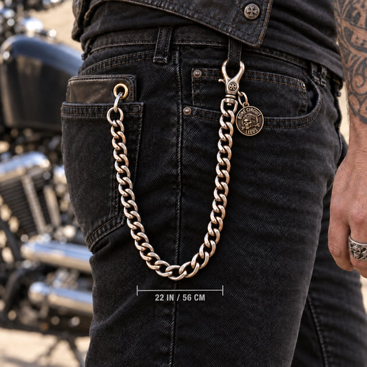 Custom motorcycle club 22 inch balanced chain shown as a physically plausible same rider series with balanced deep curve.