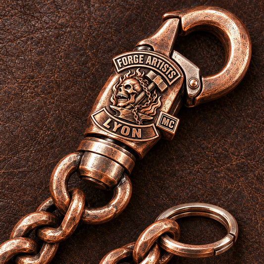 Custom motorcycle club swivel clasp shown as a physically plausible real rotating joint in sculptural shell.