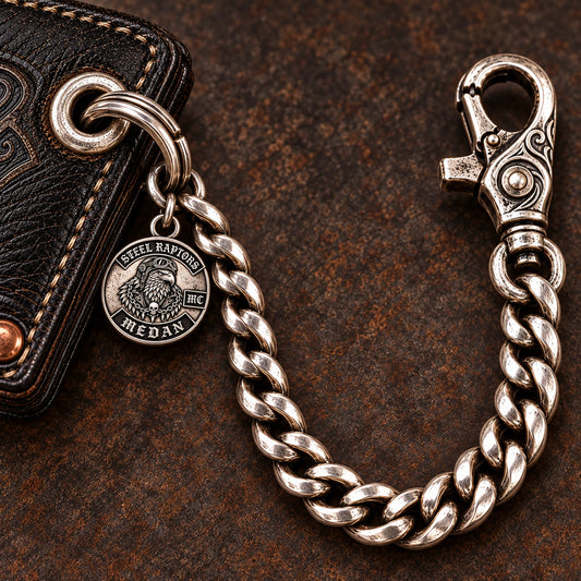 Custom motorcycle club split wallet ring shown as a physically plausible true split ring through wallet grommet.