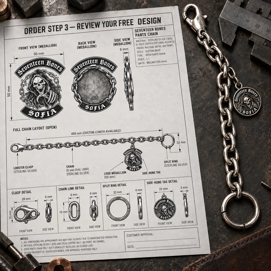 Custom motorcycle club step 3 review design shown as a physically plausible technical proof with dimensions and views.