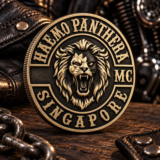 Custom motorcycle club anniversary challenge coin celebrating a club milestone.