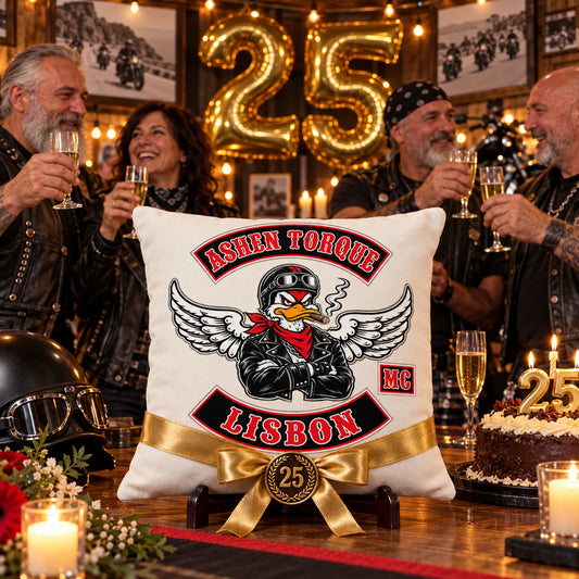 Custom motorcycle club anniversary cushion displayed during a chapter milestone celebration.