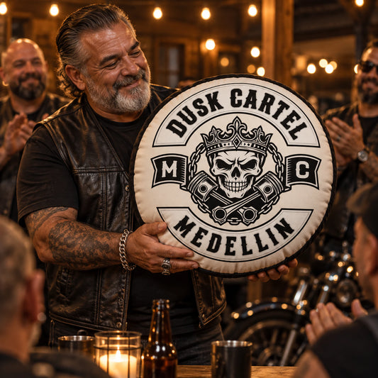 Custom motorcycle club anniversary pillow featuring approved commemorative artwork.