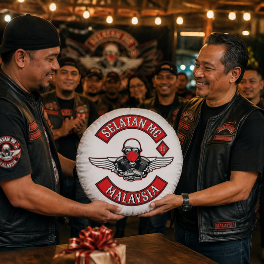 Custom motorcycle club anniversary pillow featuring approved commemorative artwork.