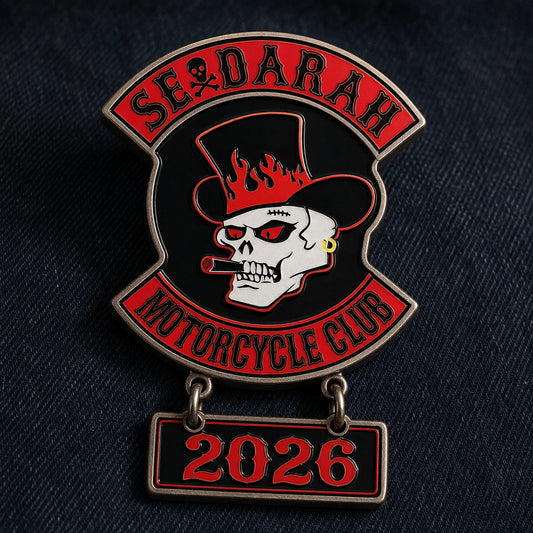 One-piece Sedarah motorcycle club badge on a solid metal base with a two-ring hanging 2026 anniversary plate.
