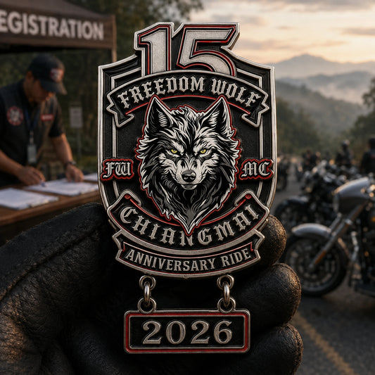 Riders receiving a club-logo anniversary ride pin at a motorcycle rally check-in.