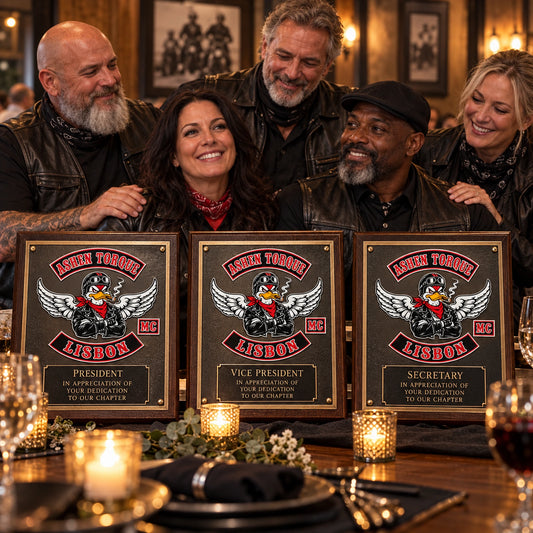 Matching motorcycle club officer recognition plaques presented at an annual dinner.