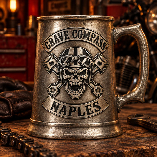 Antique-effect metal mug with recessed blank medallion displaying an authorized logo for a custom motorcycle club metal mug project.